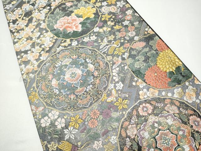 平和屋着物●六通柄袋帯 唐織 春秋鏡裏文 金銀糸 引箔 正絹 逸品 CABH4900hy
