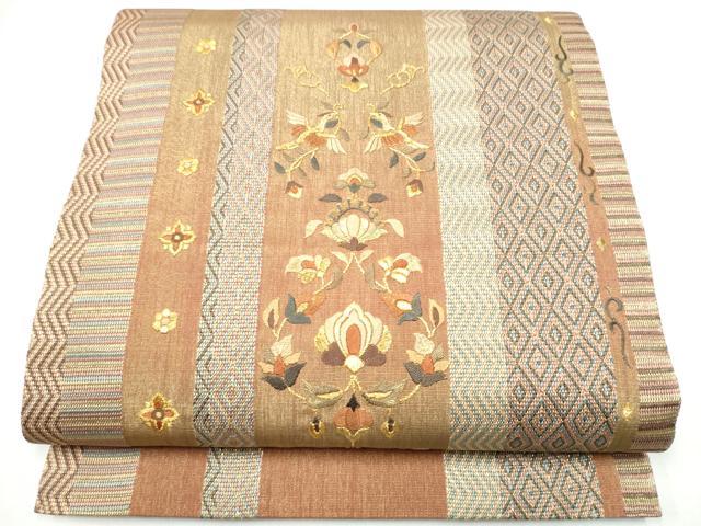 平和屋着物●ひなや工房 くむ・あむ・おる 伊豆蔵明彦 太鼓柄袋帯 総刺繍 向かい鳥花文 金糸 正絹 逸品 CABH4914hy