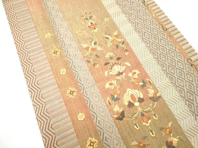 平和屋着物●ひなや工房 くむ・あむ・おる 伊豆蔵明彦 太鼓柄袋帯 総刺繍 向かい鳥花文 金糸 正絹 逸品 CABH4914hy