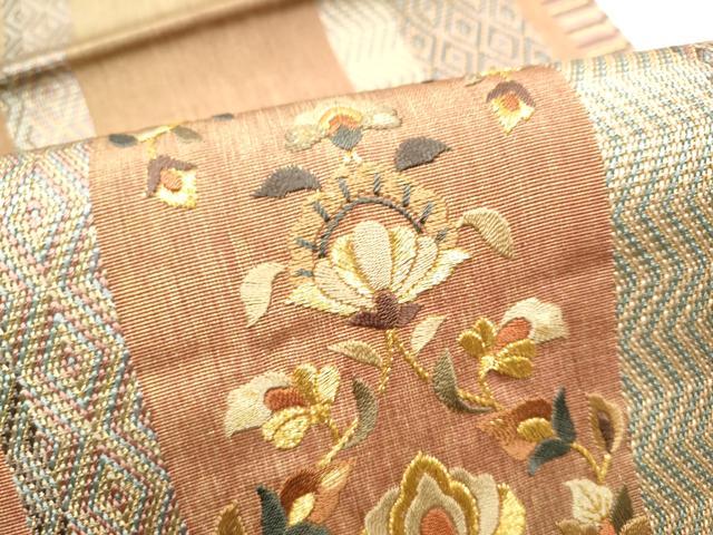 平和屋着物●ひなや工房 くむ・あむ・おる 伊豆蔵明彦 太鼓柄袋帯 総刺繍 向かい鳥花文 金糸 正絹 逸品 CABH4914hy