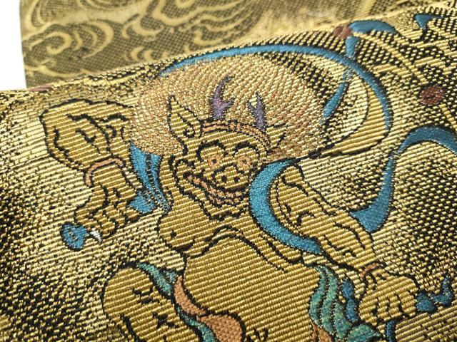 平和屋着物●両面 太鼓柄袋帯 金華山織 風神雷神図 黒地 金糸 正絹 逸品 CABH4946hy