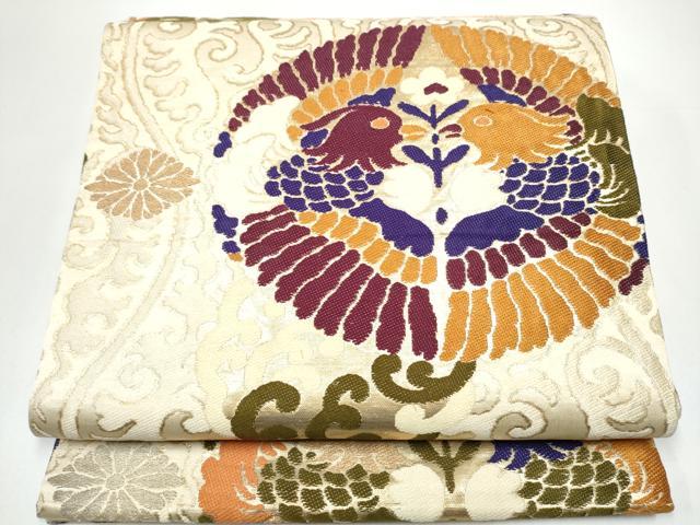 平和屋着物●アンティーク 大正ロマン 丸帯 向かい鳥花文 金糸 引き抜き帯 正絹 逸品 CABH4986hy