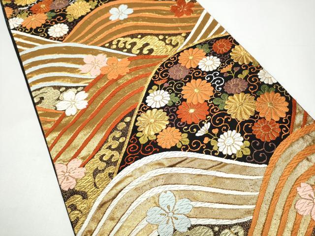 平和屋着物●西陣 河合美術織物謹製 六通柄袋帯 唐織 流水花唐草文 黒地 金糸 正絹 逸品 CABH5007hy
