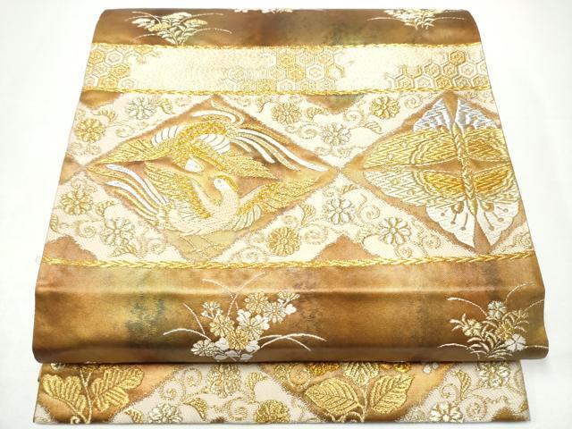 平和屋着物●唐織・西陣の老舗・名門・藤原織物 六通柄袋帯 向かい鳥花蝶文 金銀糸 引箔 正絹 逸品 CABH5011hy