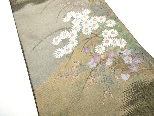 平和屋着物●京の名門 じゅらく謹製 太鼓柄袋帯 白菊秋草 金糸 正絹 逸品 CABH5044hy