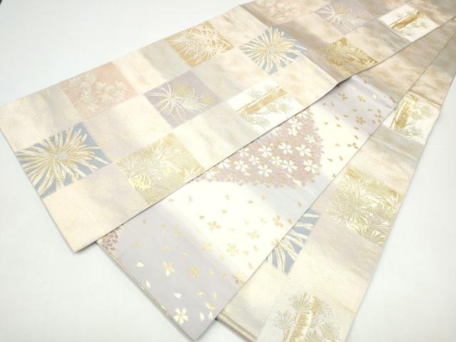 平和屋着物●両面 六通柄 本袋帯 高野槙 市松舞花文 金銀糸 正絹 逸品 CABH5095hy