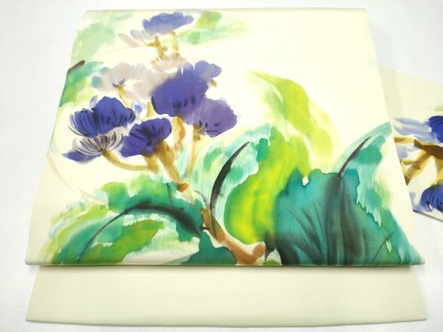 平和屋着物●塩瀬 九寸名古屋帯 手描き 枝花文 正絹 逸品 CABH5106hy