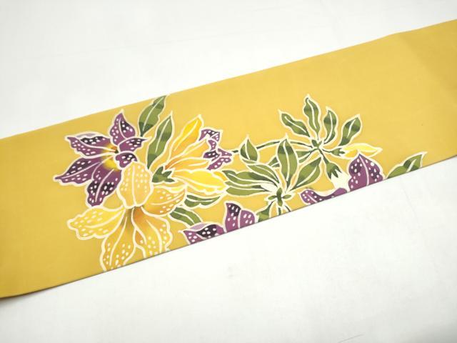 平和屋着物●塩瀬 九寸名古屋帯 ろうけつ染 枝花文 正絹 逸品 CABH5107hy