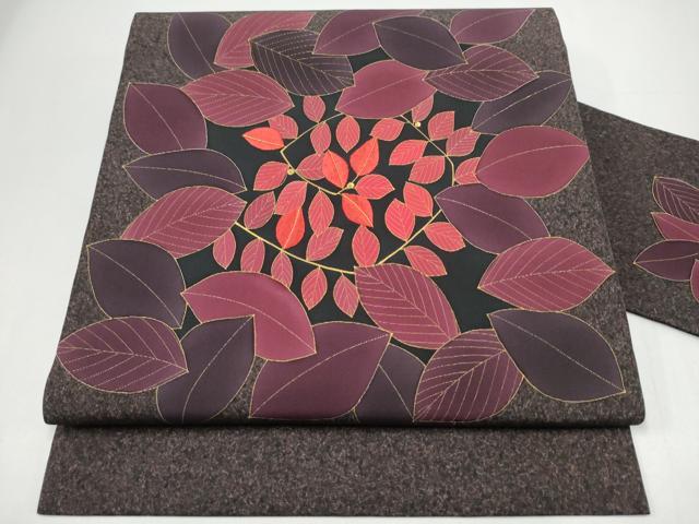 平和屋着物●九寸名古屋帯 作家物 刺繍 枝葉文 金彩 正絹 逸品 CABH5121hy