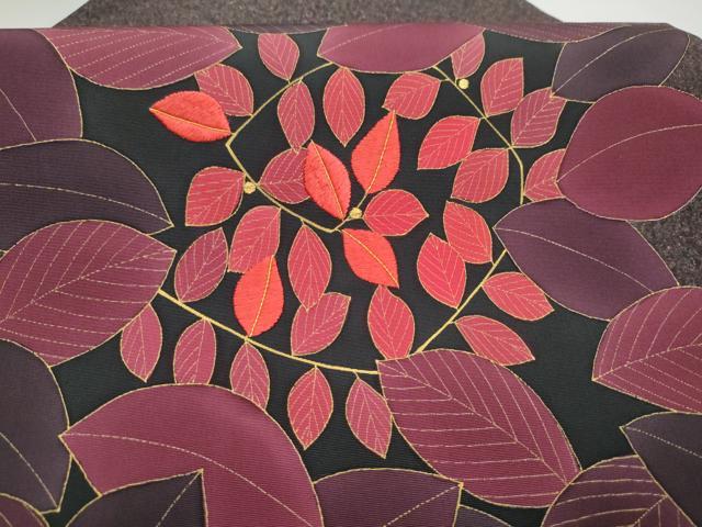 平和屋着物●九寸名古屋帯 作家物 刺繍 枝葉文 金彩 正絹 逸品 CABH5121hy