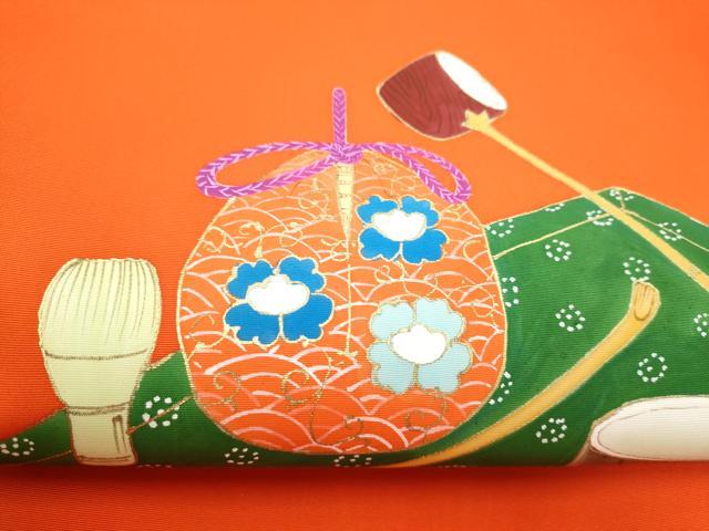 平和屋着物●塩瀬 九寸名古屋帯 手描き 茶器 金彩 正絹 逸品 CABH5123hy
