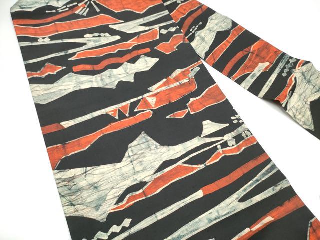 平和屋着物●九寸名古屋帯 ろうけつ染 紬地 幾何学文様 黒地 正絹 逸品 CABH5128hy