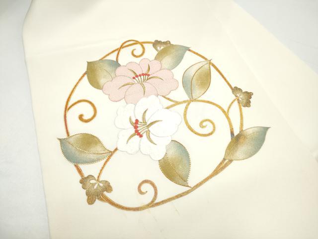 平和屋着物●塩瀬 九寸名古屋帯 駒刺繍 花唐草文 金彩 正絹 逸品 CABH5132hy