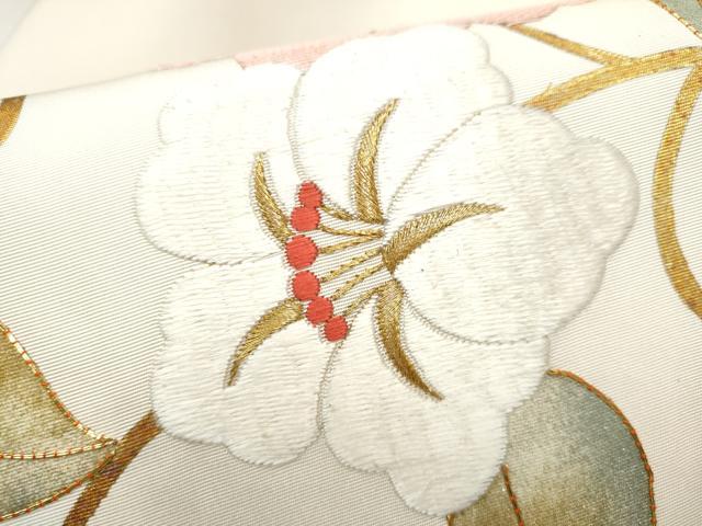 平和屋着物●塩瀬 九寸名古屋帯 駒刺繍 花唐草文 金彩 正絹 逸品 CABH5132hy
