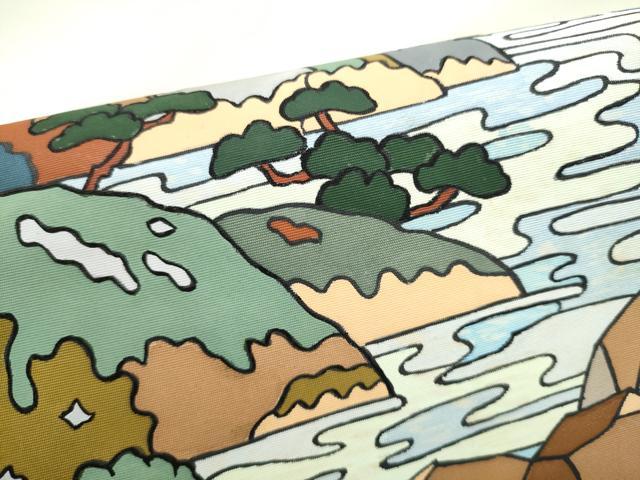 平和屋着物●塩瀬 九寸名古屋帯 型染め 風景文 正絹 逸品 CABH5136hy