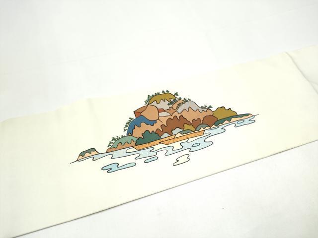 平和屋着物●塩瀬 九寸名古屋帯 型染め 風景文 正絹 逸品 CABH5136hy