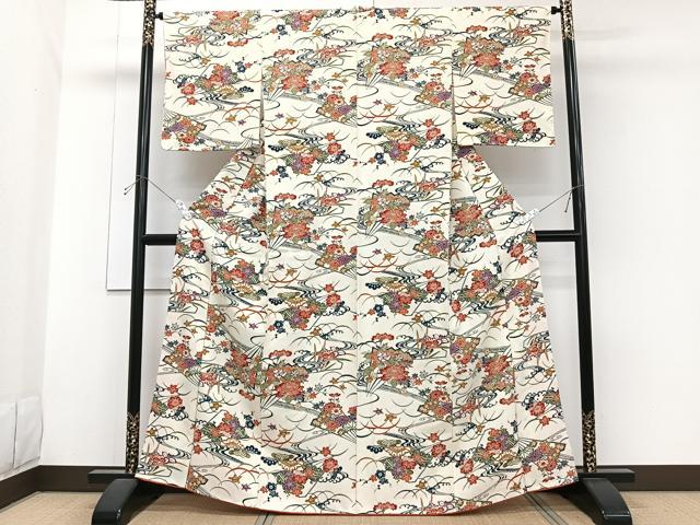平和屋着物■上質な小紋 型染め 立波檜扇花文 正絹 逸品 CABH5258xi