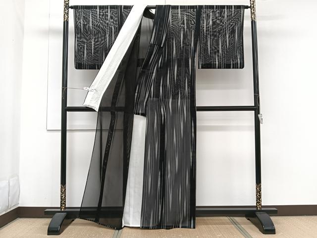 平和屋着物*夏物 小紋 紗 矢羽文 黒地 正絹 逸品 CABH5582xi
