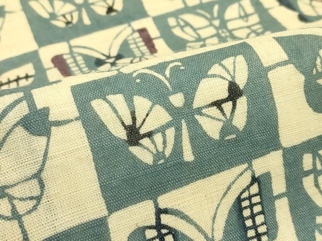 平和屋着物*夏物 九寸名古屋帯 工芸帯 型染 市松舞蝶文 麻 逸品 CABH5614rv