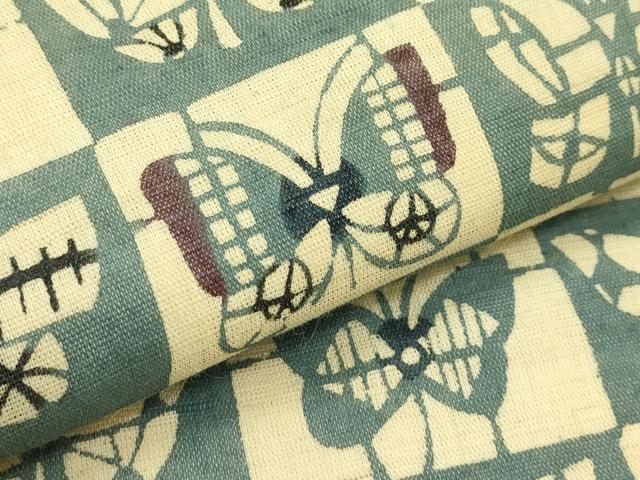 平和屋着物*夏物 九寸名古屋帯 工芸帯 型染 市松舞蝶文 麻 逸品 CABH5614rv