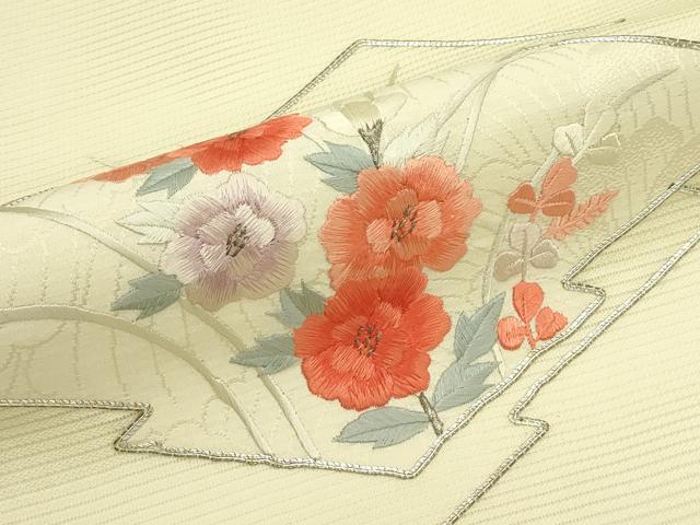 平和屋着物*夏物 九寸名古屋帯 総刺繍 駒刺繍 松皮菱草花文 銀糸 正絹 逸品 CABH5647rv
