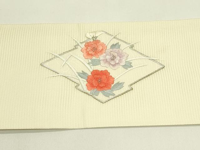 平和屋着物*夏物 九寸名古屋帯 総刺繍 駒刺繍 松皮菱草花文 銀糸 正絹 逸品 CABH5647rv