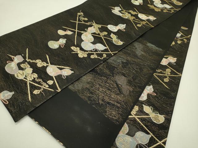 平和屋着物*夏物 六通柄袋帯 瓢箪 黒地 金糸 大丸扱い 正絹 逸品 CABH5682rv