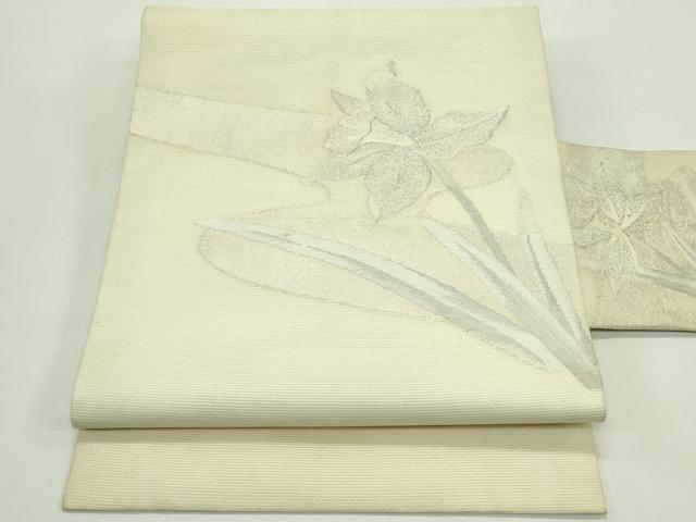 平和屋着物*夏物 九寸名古屋帯 草花文 銀糸 正絹 逸品 CABH5688rv