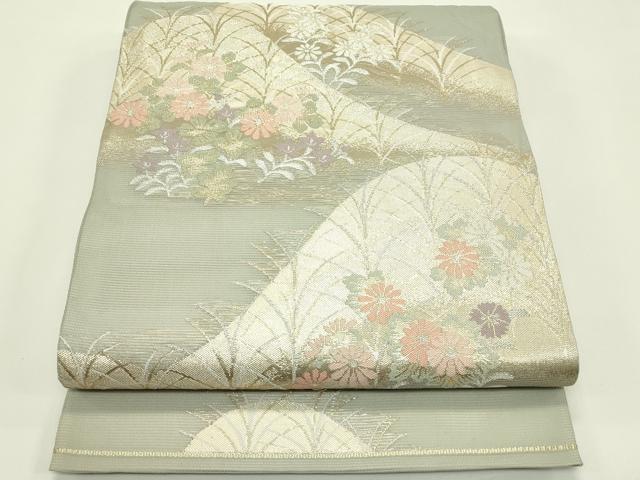 夏帯 袋帯 正絹 銀糸 扇面に波頭 秋草文様 六通柄 涼やか 帯芯なし 逸品 平和屋着物＊夏物 六通柄袋帯 遠山秋草文 金銀糸 正絹 逸品