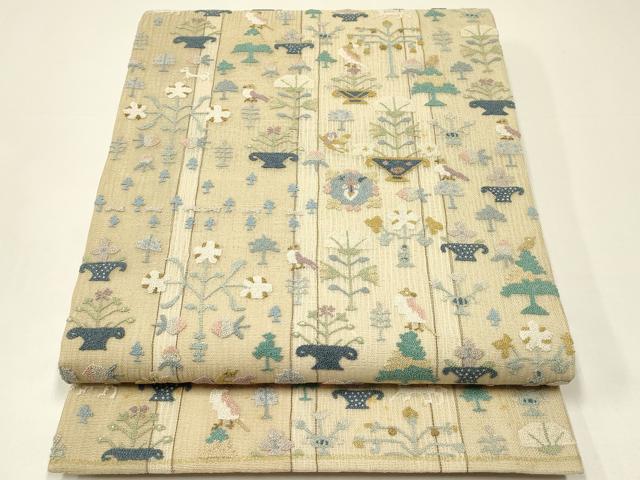 平和屋着物*夏物 袋帯 中国三大刺繍 総相良刺繍 動物陶器花文 金糸 正絹 逸品 CABH5767rv