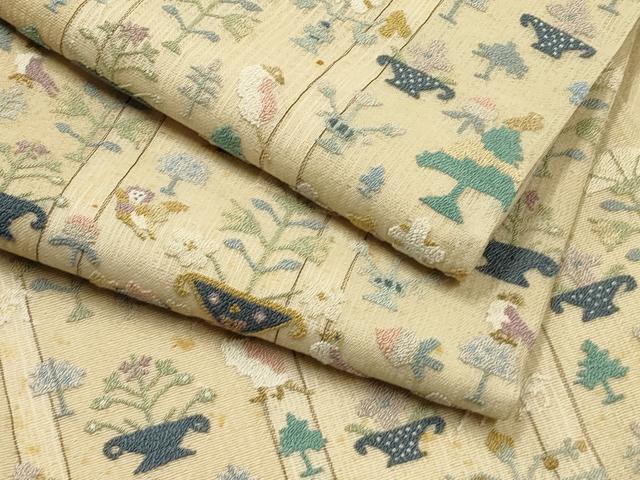 平和屋着物*夏物 袋帯 中国三大刺繍 総相良刺繍 動物陶器花文 金糸 正絹 逸品 CABH5767rv