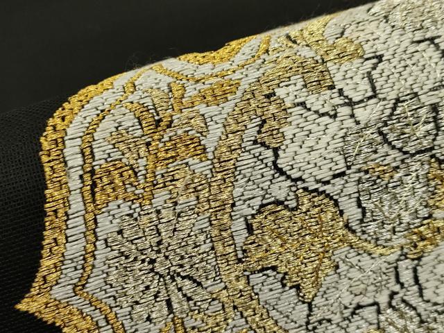 平和屋着物*夏物 太鼓柄袋帯 正倉院花文 黒地 金銀糸 正絹 逸品 CABH5787rv