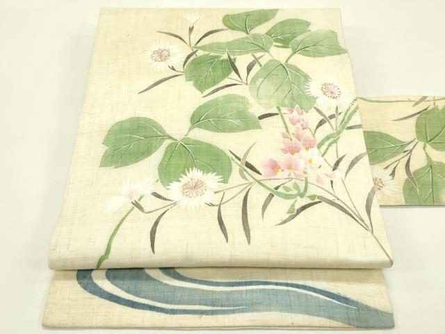 平和屋着物*夏物 九寸名古屋帯 草花文 金彩 麻 逸品 CABH5900rv