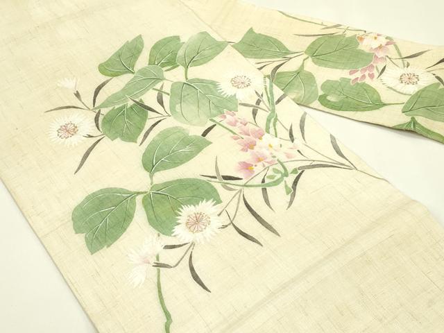 平和屋着物*夏物 九寸名古屋帯 草花文 金彩 麻 逸品 CABH5900rv