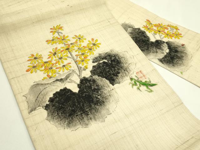 平和屋着物*夏物 九寸名古屋帯 作家物 手描き 生紬 カマキリ 草花文 金彩 正絹 逸品 CABH5960rv