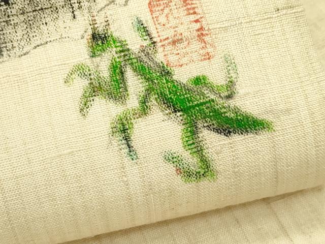 平和屋着物*夏物 九寸名古屋帯 作家物 手描き 生紬 カマキリ 草花文 金彩 正絹 逸品 CABH5960rv