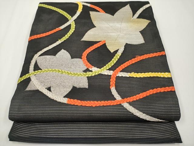 平和屋着物*夏物 九寸開き名古屋帯 唐織 楓文 黒地 銀糸 正絹 逸品 CABH6007tx