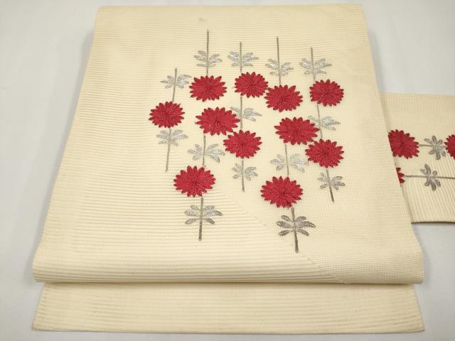 平和屋着物*夏物 九寸名古屋帯 総刺繍 駒刺繍 枝花文 正絹 逸品 CABH6083tx