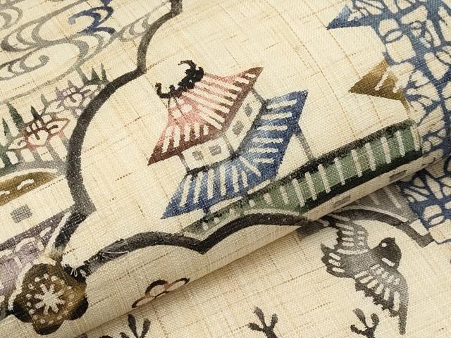 平和屋着物*夏物 九寸開き名古屋帯 紅型 花鳥風景文 麻 逸品 CABH6114tx