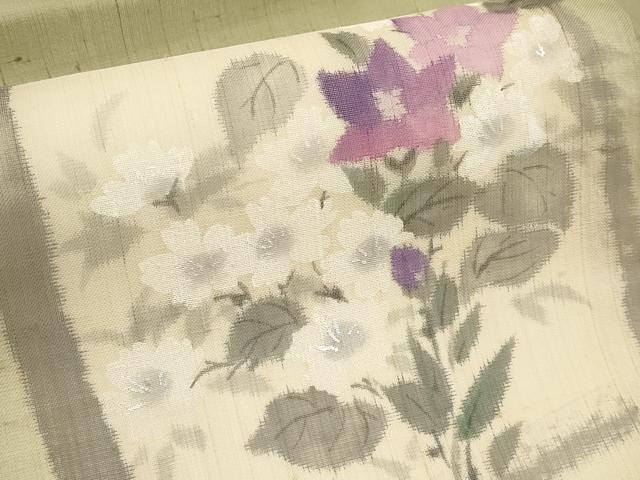 平和屋着物*夏物 九寸名古屋帯 手描き 紬地 色紙草花文 銀彩 正絹 逸品 CABH6153tx