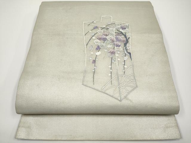 平和屋着物*夏物 九寸開き名古屋帯 総刺繍 枝梅文 銀糸 正絹 逸品 CABH6162tx