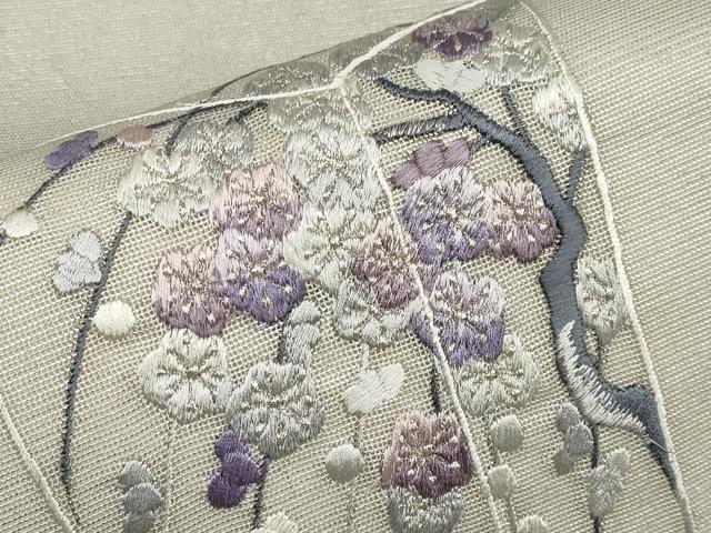 平和屋着物*夏物 九寸開き名古屋帯 総刺繍 枝梅文 銀糸 正絹 逸品 CABH6162tx