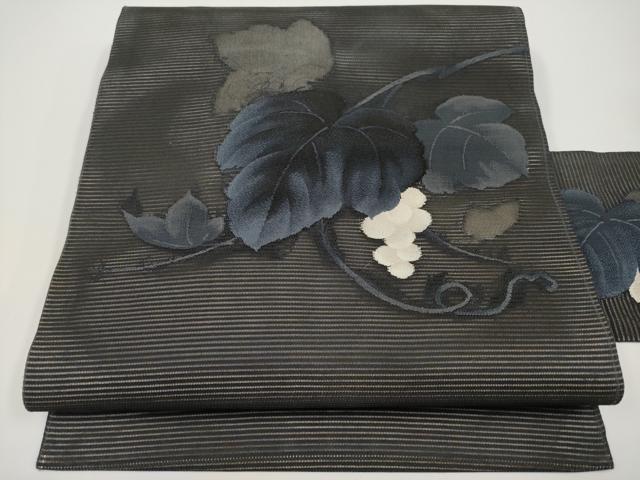 平和屋着物*夏物 九寸名古屋帯 絽綴れ 葡萄蔦の葉文 黒地 正絹 逸品 CABH6171tx
