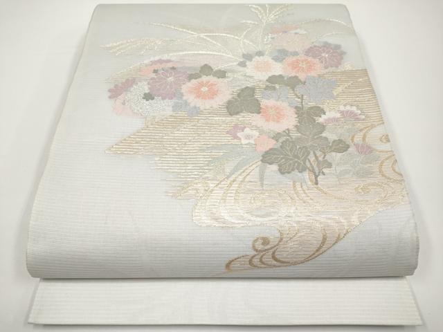 平和屋着物*夏物 六通柄袋帯 流水草花文 金糸 正絹 逸品 未使用 CABH6216tx