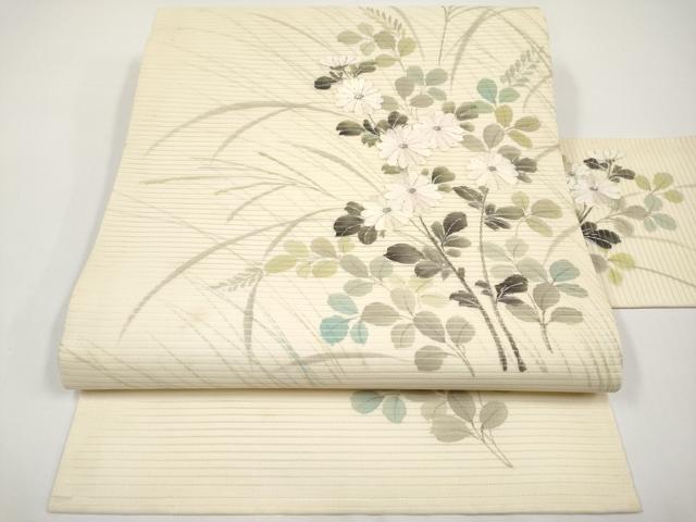 平和屋着物*夏物 九寸名古屋帯 手描き 刺繍 枝菊文 銀彩 正絹 逸品 CABH6376tx
