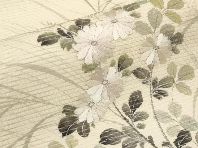 平和屋着物*夏物 九寸名古屋帯 手描き 刺繍 枝菊文 銀彩 正絹 逸品 CABH6376tx