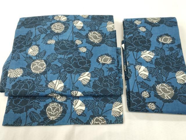 平和屋着物●つけ帯 紬地 藍 型染 草花文 正絹 逸品 CABH6437dy