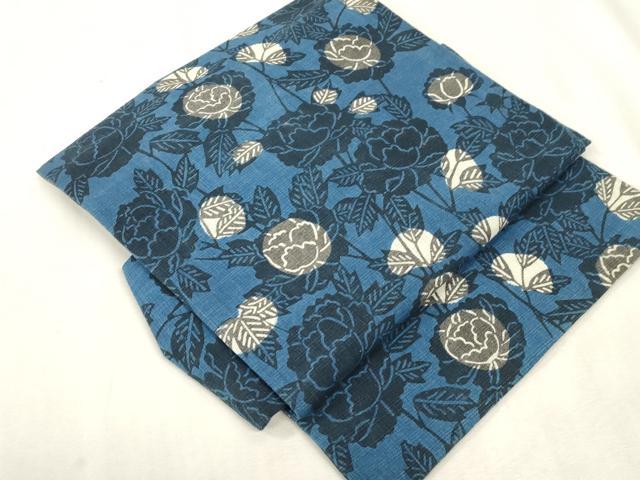 平和屋着物●つけ帯 紬地 藍 型染 草花文 正絹 逸品 CABH6437dy