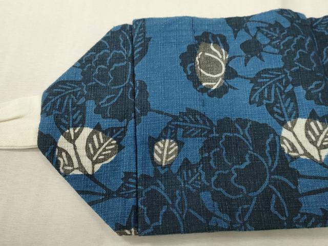 平和屋着物●つけ帯 紬地 藍 型染 草花文 正絹 逸品 CABH6437dy