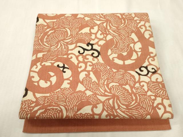 平和屋着物●つけ帯 紬地 型染 更紗唐草文 正絹 逸品 CABH6447dy